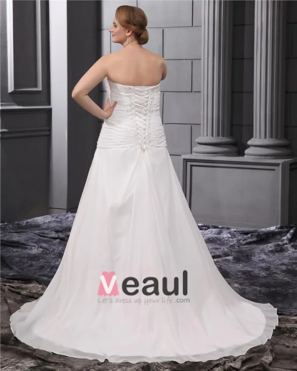 Satin Chiffon Ruffle Embroidery Court Large Size Bridal Gown Wedding Dress