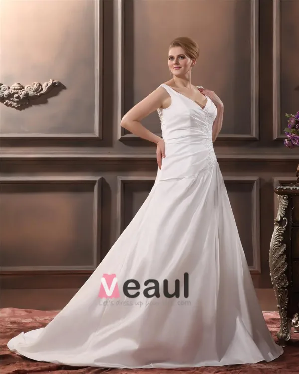 Satin V Cou Tribunal Applique Ainsi La Taille De Mariée Robes De Mariage De Robe