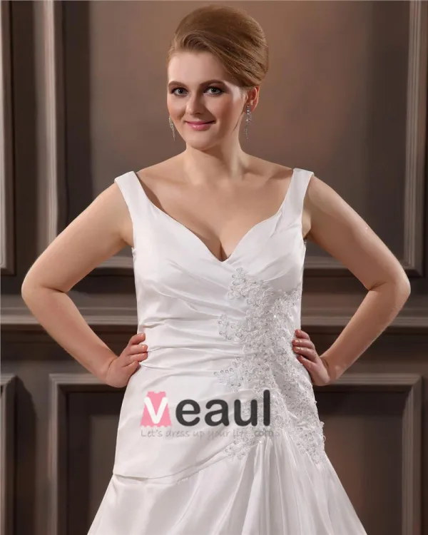 Satin V Cou Tribunal Applique Ainsi La Taille De Mariée Robes De Mariage De Robe