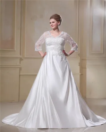 Elegant Col En V Train Chapelle Satin De Fil Plus La Robe De Mariage De Taille