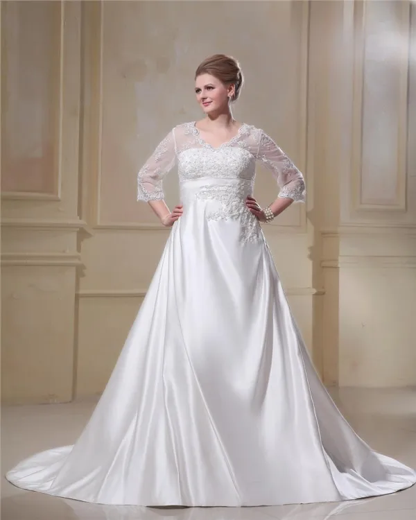 Elegant V-Neck Chapel Train Yarn Satin Plus Size Wedding Dress
