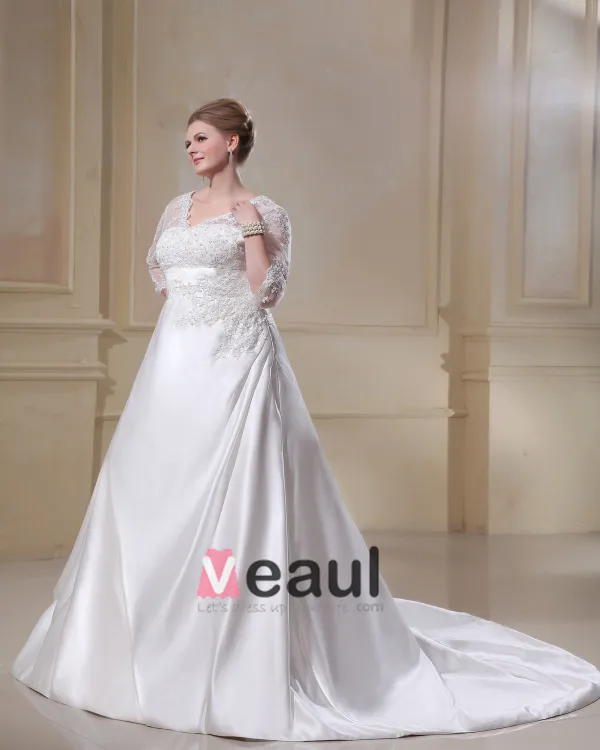Elegant V-Neck Chapel Train Yarn Satin Plus Size Wedding Dress