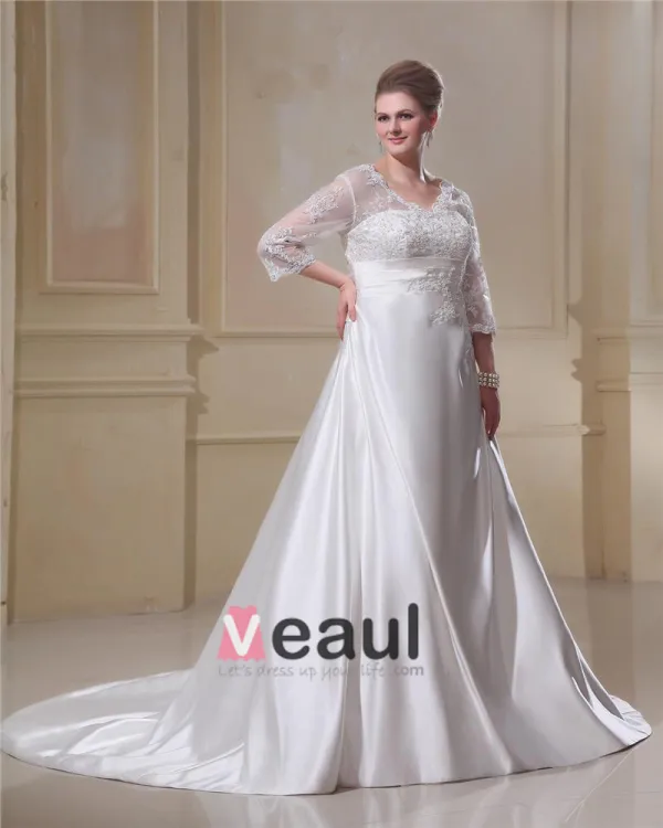Elegant V-Neck Chapel Train Yarn Satin Plus Size Wedding Dress