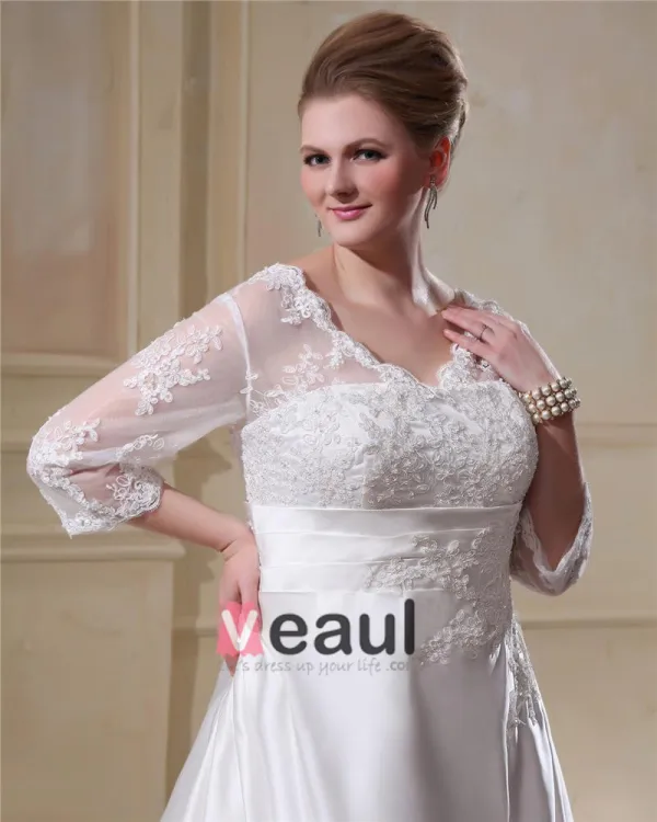 Elegant V-Neck Chapel Train Yarn Satin Plus Size Wedding Dress