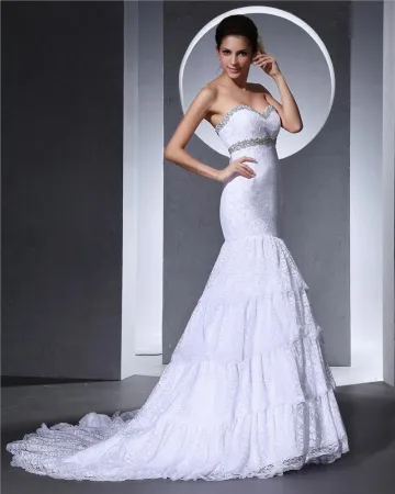 Lace Ruffle Beaded Embroidered Sweetheart Court Mermaid Bridal Gown Wedding Dresses