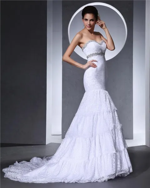 Lace Ruffle Beaded Embroidered Sweetheart Court Mermaid Bridal Gown Wedding Dresses