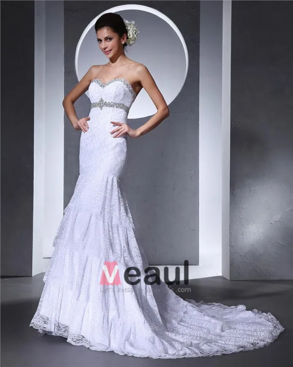 Lace Ruffle Beaded Embroidered Sweetheart Court Mermaid Bridal Gown Wedding Dresses