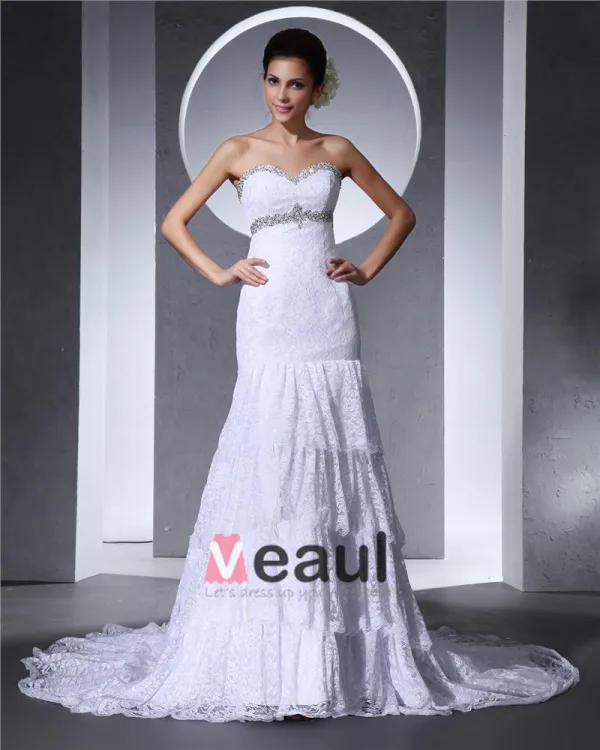 Lace Ruffle Beaded Embroidered Sweetheart Court Mermaid Bridal Gown Wedding Dresses