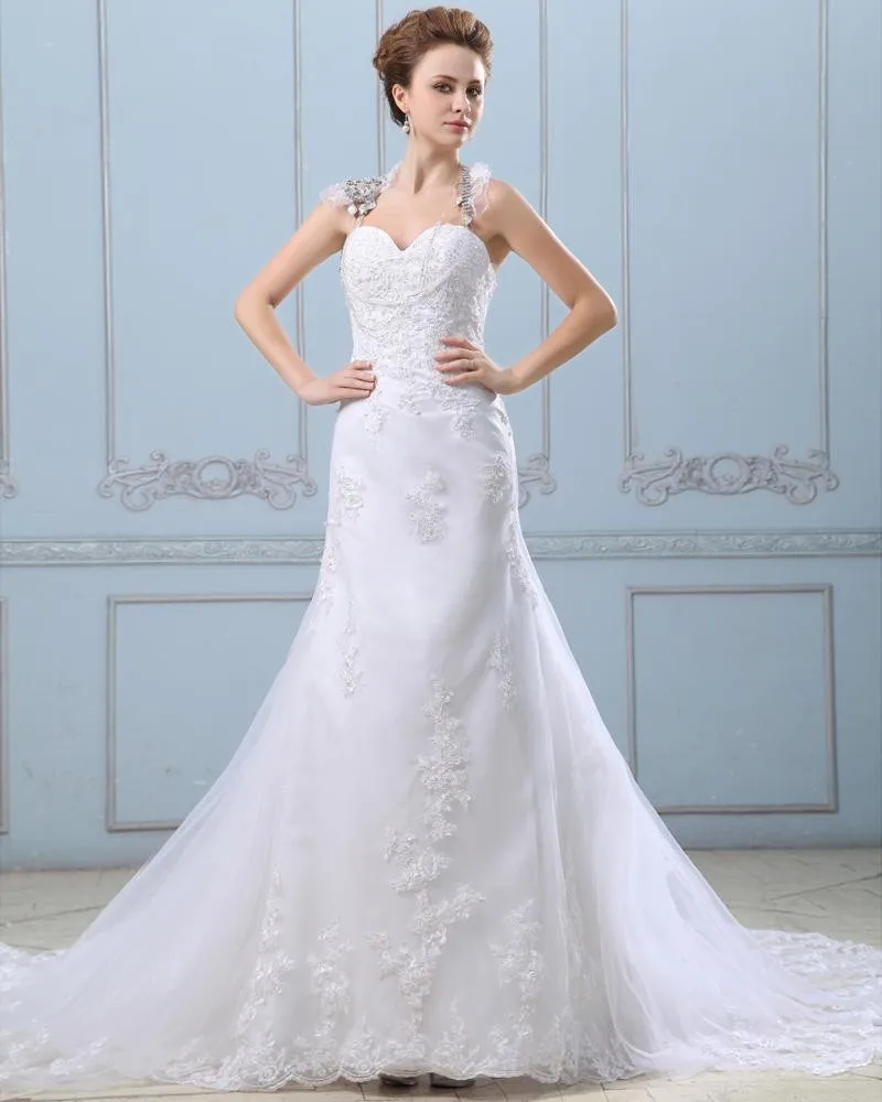 Applikasjon Enkelt Breasted Tilbake Semi Katedralen Sateng Organza Skjede Brudekjoler Bryllupskjoler