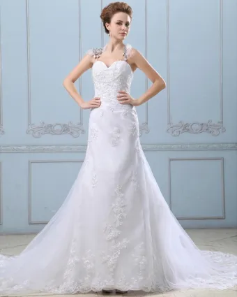 Applique Single Breasted Back Semi Cathedral Satin Organza Sheath Wedding Dress