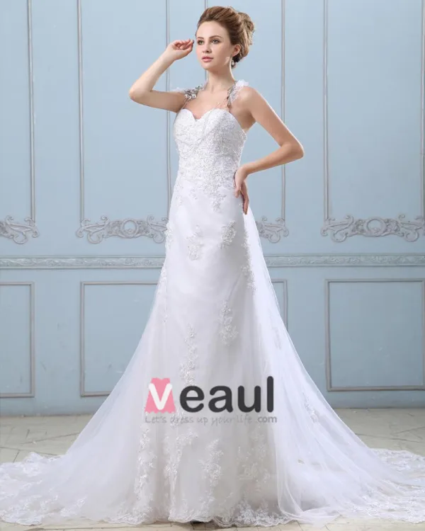 Applique Single Breasted Back Semi Cathedral Satin Organza Sheath Wedding Dress