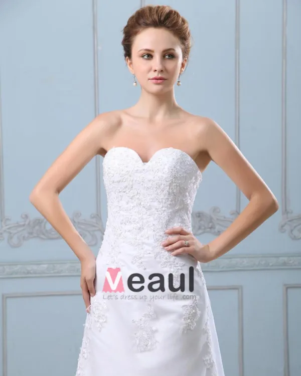 Applique Single Breasted Back Semi Cathedral Satin Organza Sheath Wedding Dress