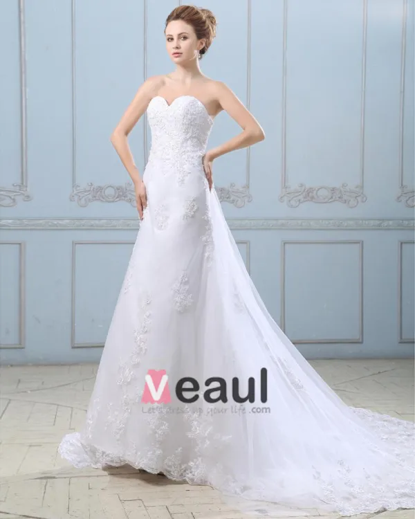 Applique Single Breasted Back Semi Cathedral Satin Organza Sheath Wedding Dress