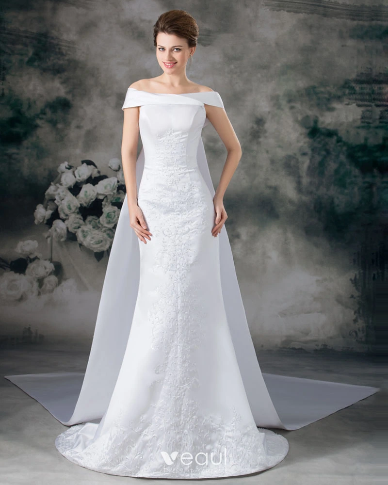 Stain Embroidery Sequins Off The Shoulder Floor Length Panel Train Sheath Wedding Dress