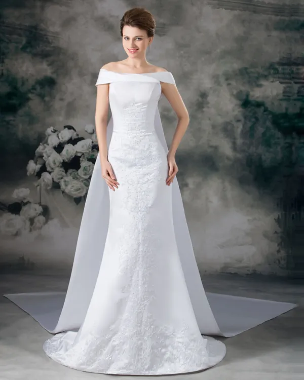 Stain Embroidery Sequins Off-The-Shoulder Floor Length Panel Train Sheath Wedding Dress
