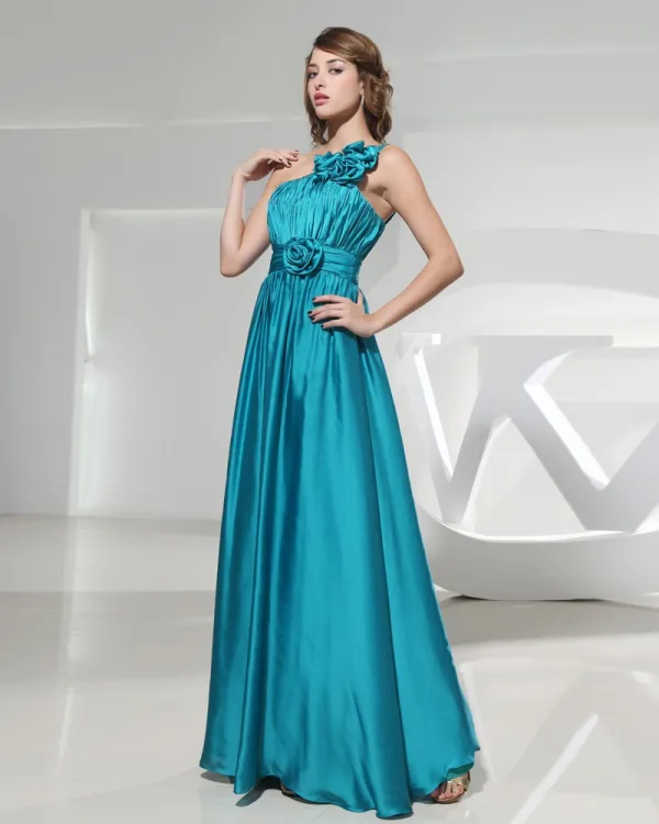 En Skulder Blomst Plissert Gulv Lengde Glidelas Ermelose Silke Charmeuse Kvinne Brudepikekjoler