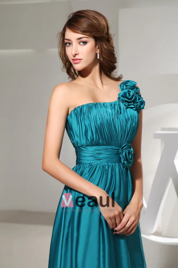 One Shoulder Flower Pleated Floor Length Zipper Sleeveless Silk Charmeuse Woman Bridesmaid Dresses