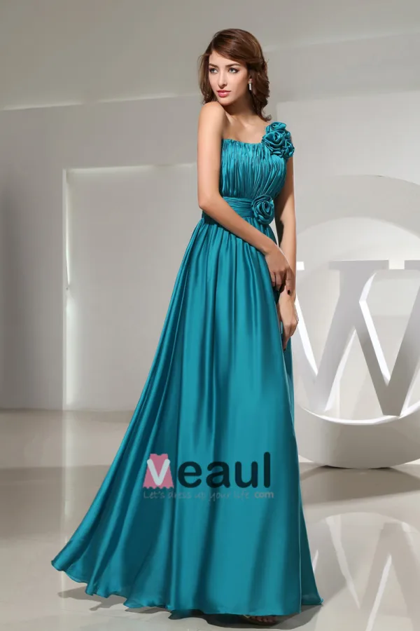 One Shoulder Flower Pleated Floor Length Zipper Sleeveless Silk Charmeuse Woman Bridesmaid Dresses