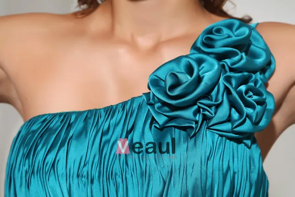 One Shoulder Flower Pleated Floor Length Zipper Sleeveless Silk Charmeuse Woman Bridesmaid Dresses