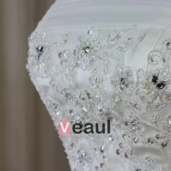 Tulle Organza Lace Beading Applique Strapless Floor Length Chapel Train A-Line Wedding Dress