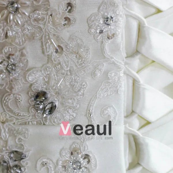 Tulle Organza Lace Beading Applique Strapless Floor Length Chapel Train A-Line Wedding Dress