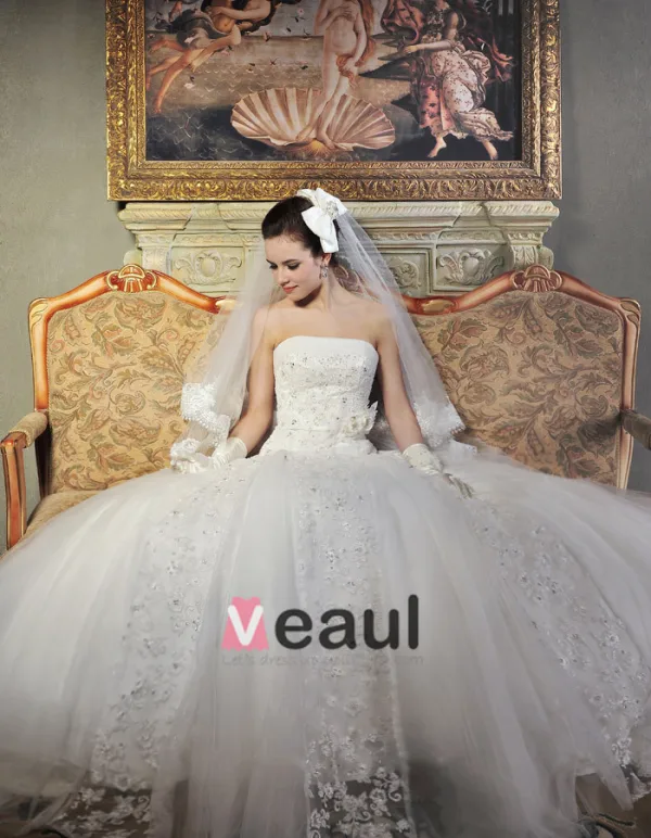Tulle Organza Lace Beading Applique Strapless Floor Length Chapel Train A-Line Wedding Dress