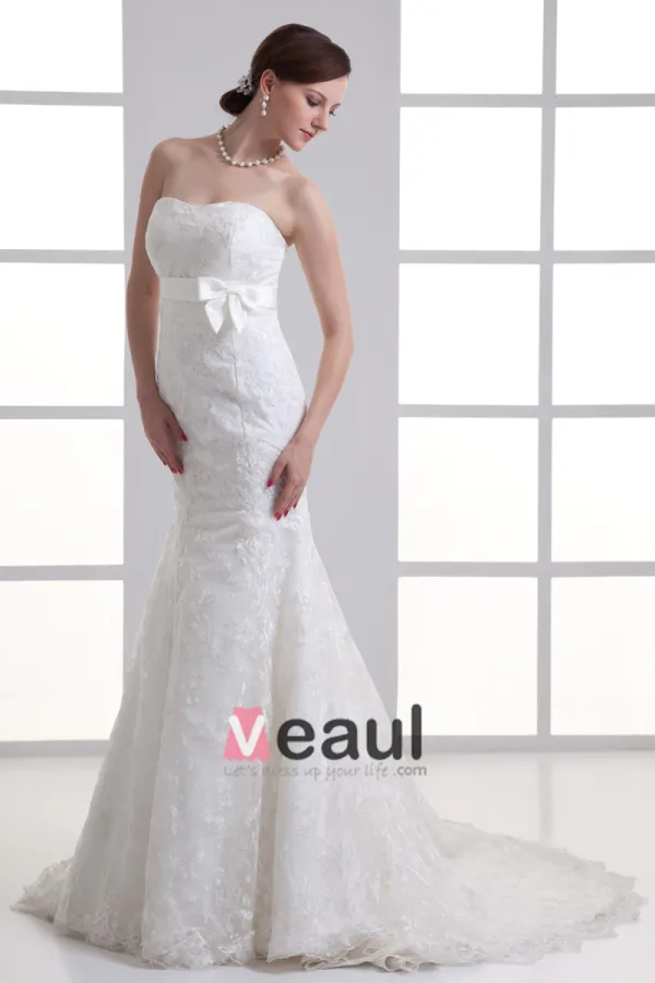 Tulle Flower Bow Sweetheart Court Train Mermaid Wedding Dress