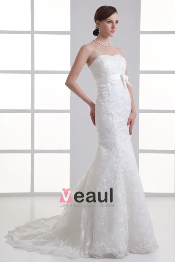 Tulle Flower Bow Sweetheart Court Train Mermaid Wedding Dress