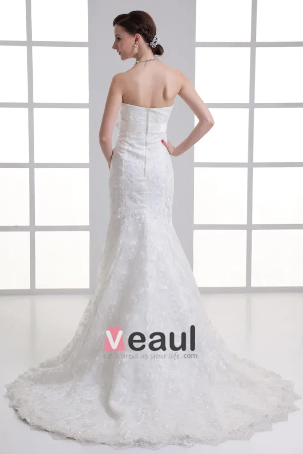 Tulle Flower Bow Sweetheart Court Train Mermaid Wedding Dress