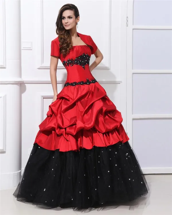 Ball Gown Charmeuse Ruffle Beading Applique Strapless Floor Length Quinceanera Prom Dresses