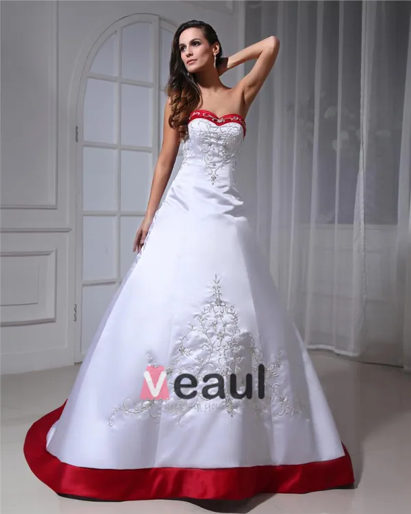 Ball-Gown Sweetheart Court Train Satin Wedding Dress With Embroidered Beading Sequins