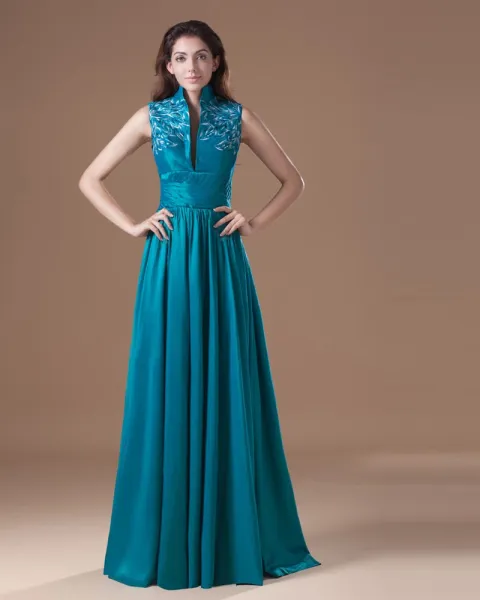 Taffeta Embroidered High Neck Floor Length Mother Of The Bride Dress