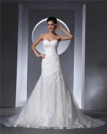 Sweetheart Floor Length Beading Lace Organza Chapel Train Women Mermaid Wedding Dress