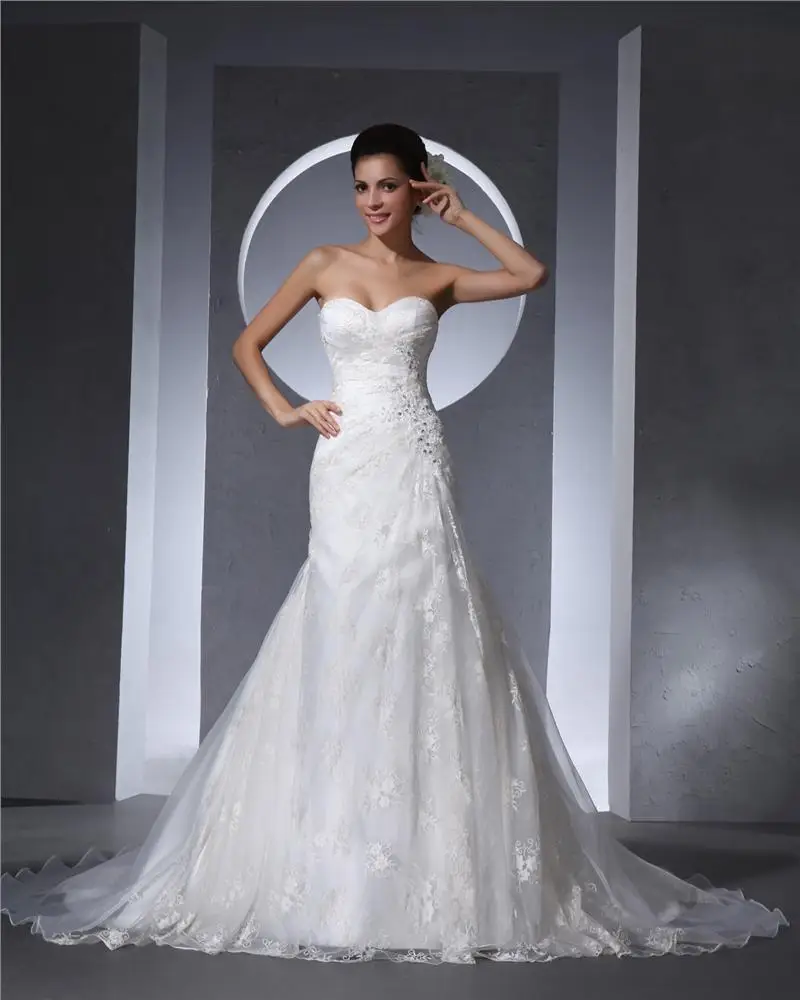 Kjaereste Gulv Lengde Beading Blonder Organza Kapell Tog Kvinner Havfrue Brudekjoler Bryllupskjoler