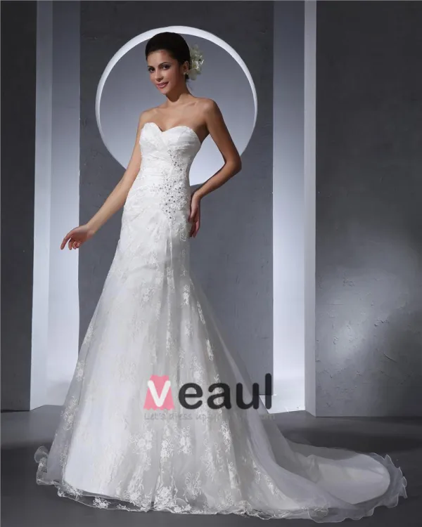 Sweetheart Floor Length Beading Lace Organza Chapel Train Women Mermaid Wedding Dress