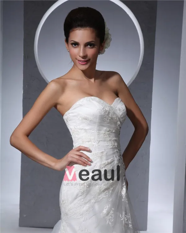Sweetheart Floor Length Beading Lace Organza Chapel Train Women Mermaid Wedding Dress