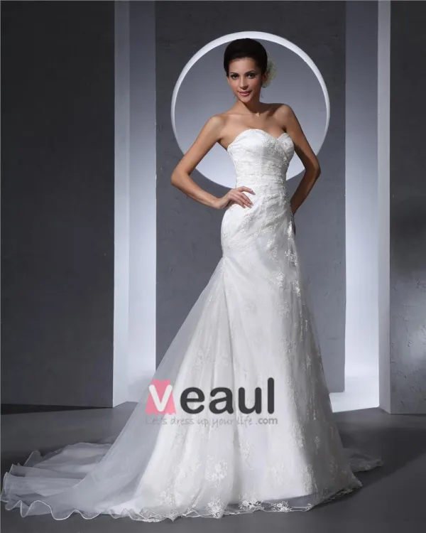 Sweetheart Floor Length Beading Lace Organza Chapel Train Women Mermaid Wedding Dress