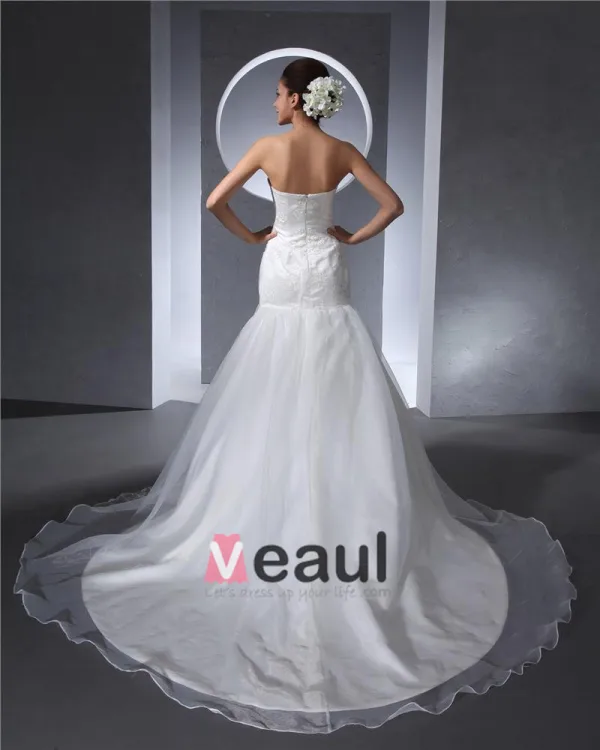 Sweetheart Floor Length Beading Lace Organza Chapel Train Women Mermaid Wedding Dress