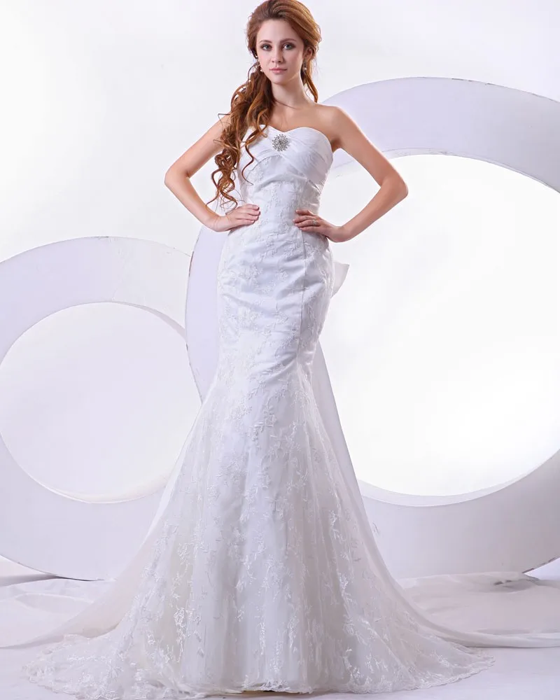 Satin Blonder Pleat Beading Kjaereste Havfrue Kapell Tog Brudekjoler Bryllupskjoler