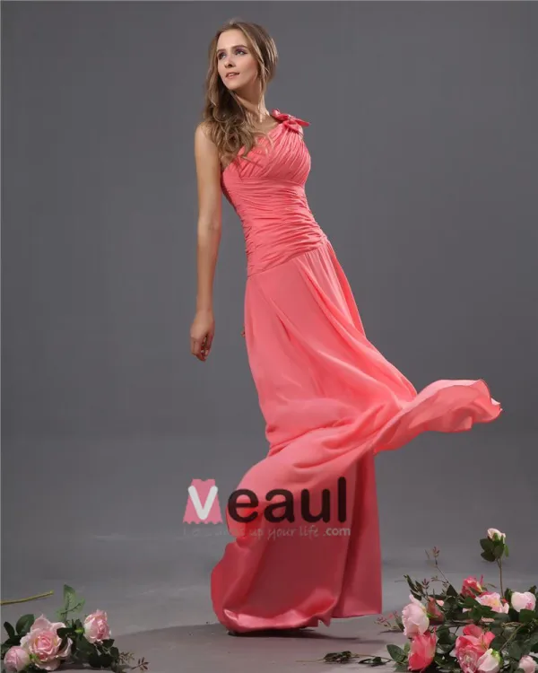 One Shoulder Chiffon Bowtie Floor Length Bridesmaid Dresses