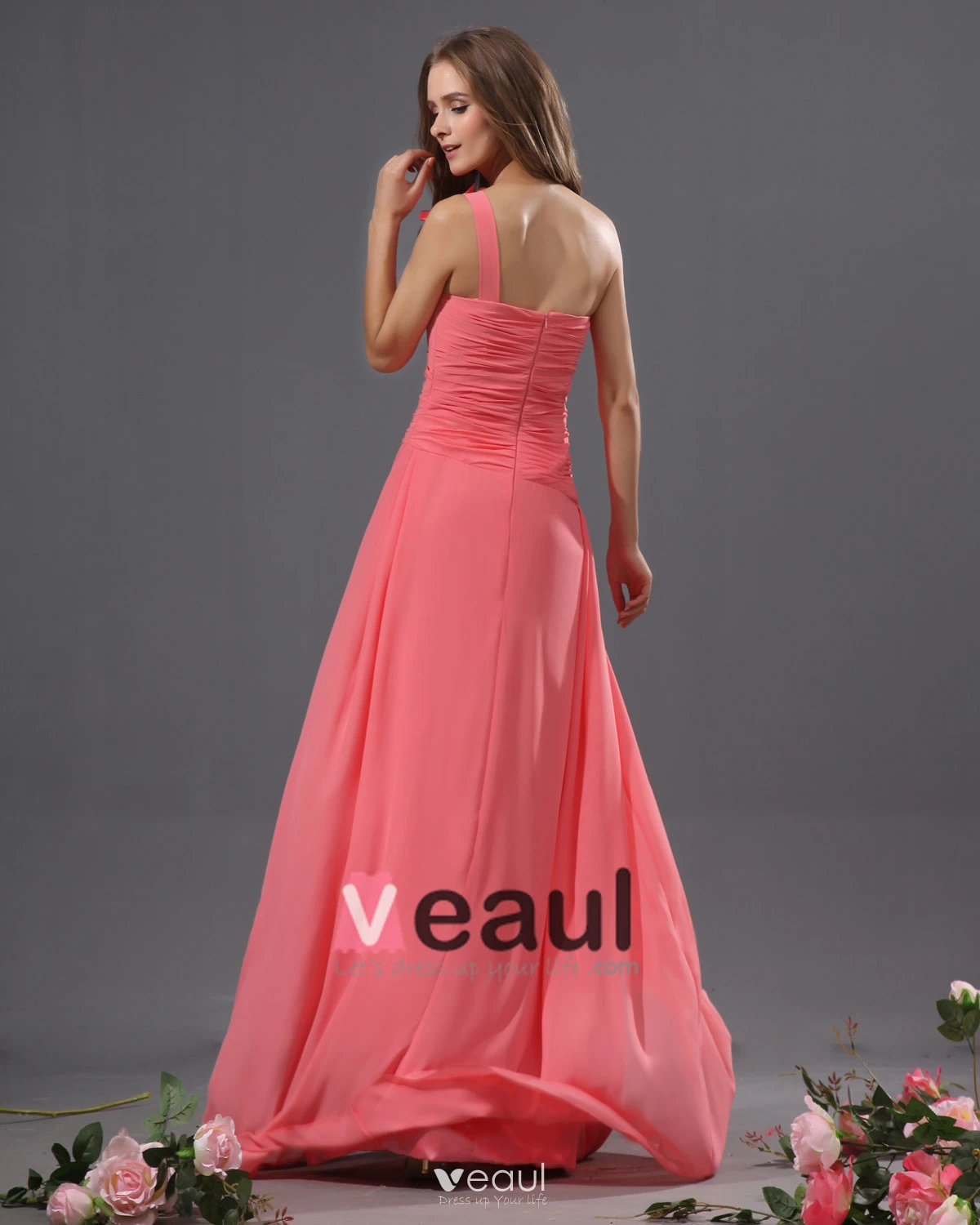 One Shoulder Chiffon Bowtie Floor Length Bridesmaid Dresses