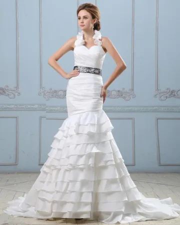 Cherie Ruffle Cou Perles Ceinture De Taffetas Robe De Mariée Sirène