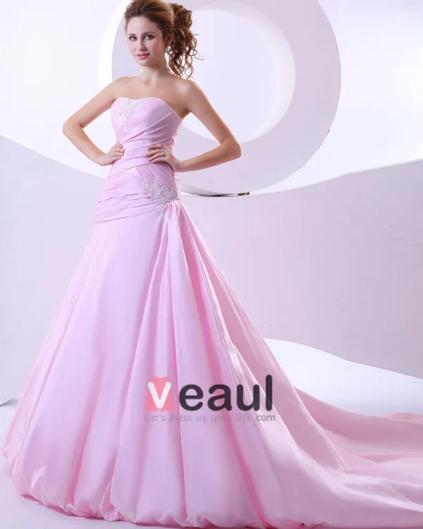 Taffeta Applique Ruffle Strapless Chapel A-line Bridal Gown Wedding Dress