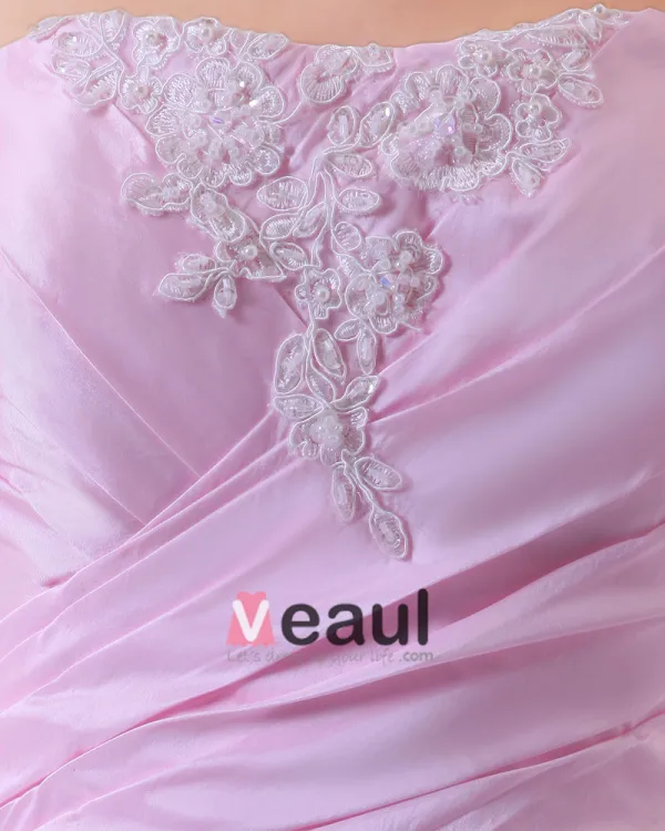 Taffeta Applique Ruffle Strapless Chapel A-line Bridal Gown Wedding Dress