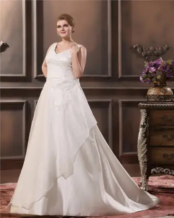 A Line V Neck Sleeveless Sweep Plus Size Wedding Dress