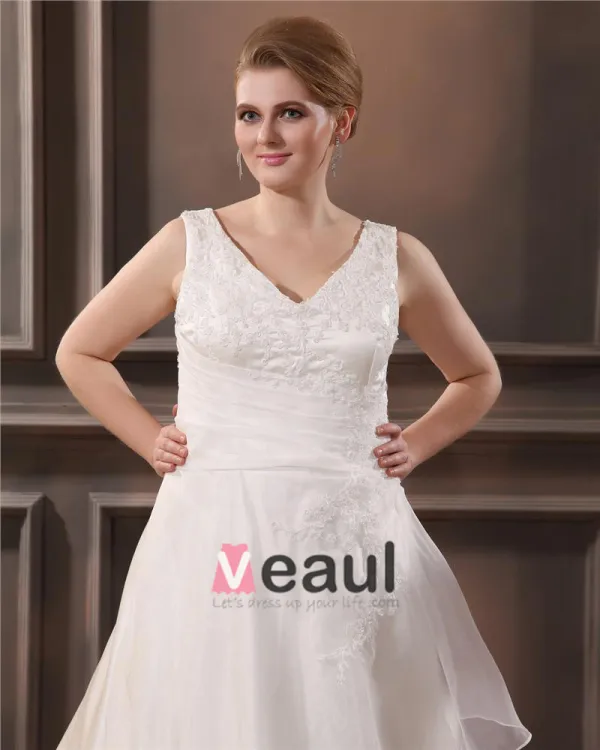 A-ligne Col En V Balayage Sans Manche Plus La Robe De Mariée De Taille