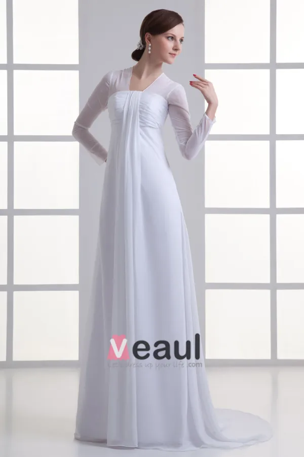 Chiffon Ruffle V Neck Court Train Empire Wedding Dress