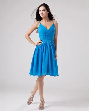 Chiffon V Neck Drape Handmade Flower Knee High Bridesmaid Dresses