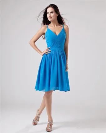 Chiffon V Neck Drape Handmade Flower Knee High Bridesmaid Dresses
