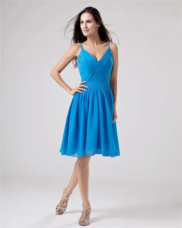 Chiffon V Neck Drape Handmade Flower Knee High Bridesmaid Dresses